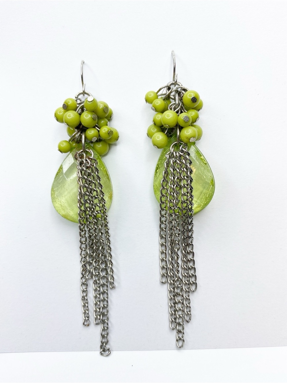 Green Beaded Chain Tassel Dangle Earrings